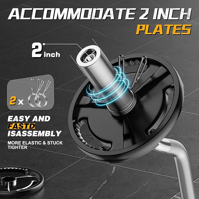 Olympic EZ Curl Barbell Bar, 47" Curl Bar for Weight Lifting, Home Gym Weight Bar- Strength Training,Squat,Hip Thrusts,Biceps, Chrome Curling for 2 Inch Plates -2 Spring Collars (Black)
