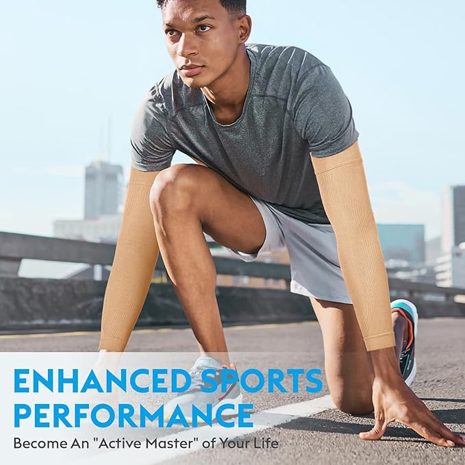 KEKING® Compression Arm Sleeves, Firm 20-30mmHg Graduated Compression Full Arm Support for Recovery, Pain Relief, Tendonitis, Golfers & Tennis Elbow Brace, Workouts Sports - Latex Free Beige XL
