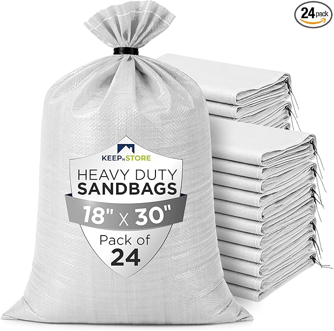 Heavy Duty Sand Bags Pack of 24, White Empty Sandbags with Built-In Ties, Woven Polypropylene UV Protection 1600 Hours, Fillable Bags for Flood Control, Weight, 18x30 inches, 75 Pounds Volume