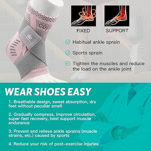 INDEEMAX Ankle Brace for Sprained Ankle Compression Sleeve, 2 Pack Copper Infused Ankle Support Brace for Women & Men, Plantar Fasciitis Relief Achilles Tendonitis, Sports Running, Pink Silver, L