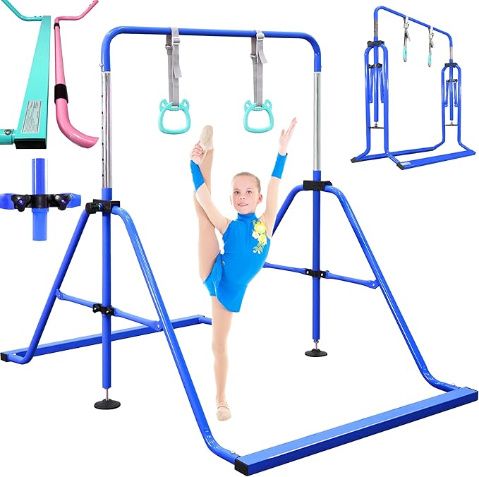 PreGymnastic Folding Gymnastics Bar with Rings, Foldable Kip Bar with Sturdier Base, Training Bar for Kids Ages 3-10, Horizontal Bar, Home Gym Equipment for Boy Girl