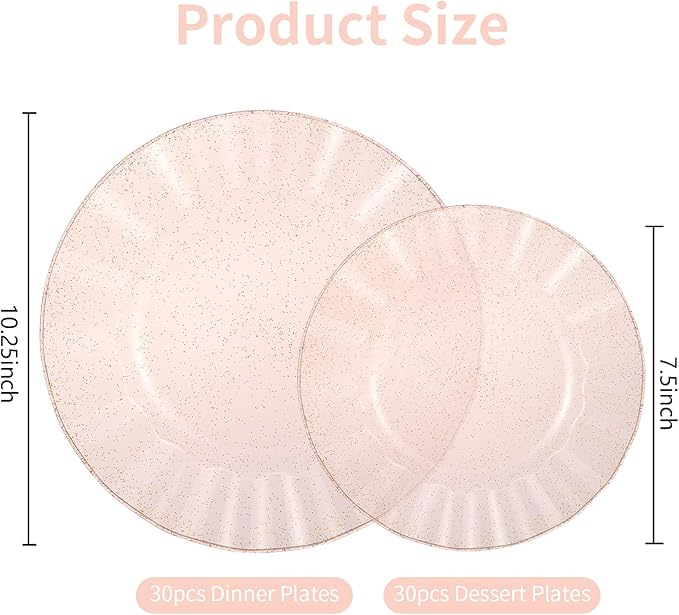 60Pcs Premium Pink Plastic Plates, Fancy Clear Pink and Gold Glitter Disposable Plate, Elegant Wedding Plate Set include 30 Dinner & 30 Dessert Plates for Wedding（30Guests）