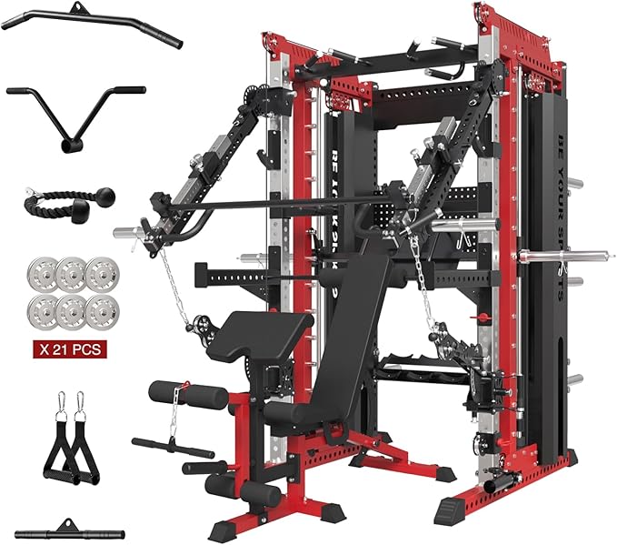 Commercial Smithe Machine with Dual Weight Stacks, Power Cage Squat Rack with Lever Arm & Leg Press Attachment, Multi-Function Linear Bearing Cable Crossover Machine for Home Gym