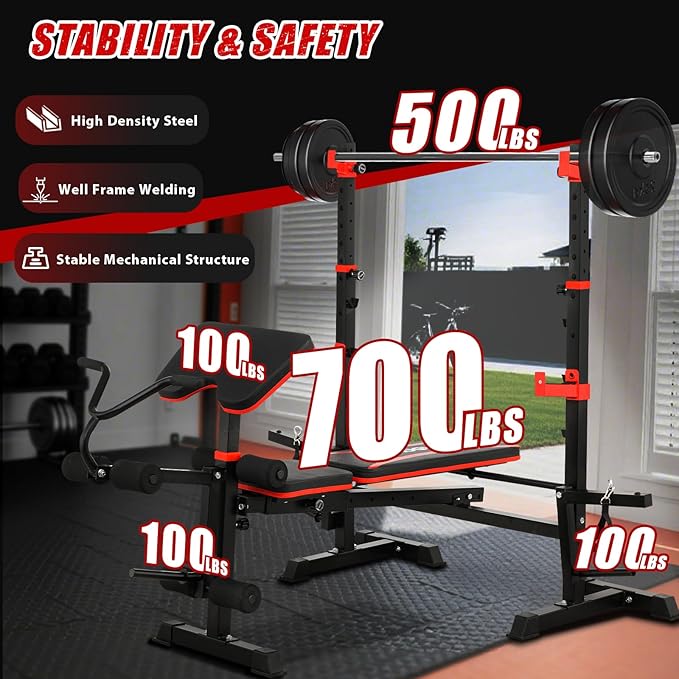 1500LBS 8 in 1 Weight Bench Set with Leg Extension/Curl and Preacher Curl, Bench Press Set and Barbell Rack with Safety Bar Catches, Foldable Workout Benches for Home(US Stock)