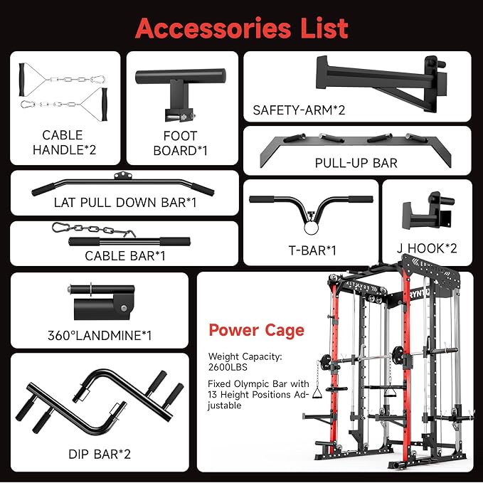 Heavy-Duty Power Cage,2600LBS Smith Machine Power Rack w/Cable Crossover, LAT Pulldown & Leg Press – 18 Attachments Squat Rack for Home Gym Strength Training Garage