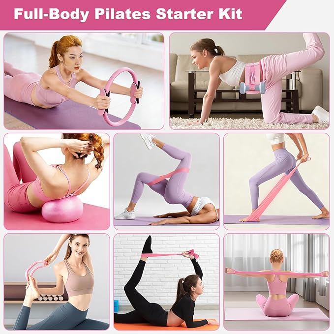 Pilates Kit for Home Workouts, Pilates Equipment Ring and Ball Set with Hip Thrust Belt, Pilates Essentials Kit for Women, Home Pilates Workout Starter Kit for Toning & Strength (Pink)