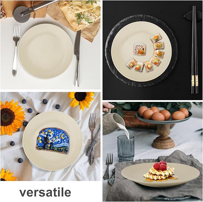 Wrova Wheat Straw Dinner Plates 10 Inch Unbreakable Set of 8 - Dishwasher & Microwave Safe Plastic Plates Reusable - Lightweight Plates for kitchen,camping,salad,appetizer - Beige