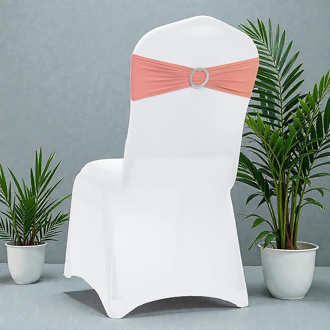 MDS Pack of 125 Spandex Chair Sashes Bows Universal fits Elastic Stretch Chair Bands Ties with Buckle Slider Bow for Wedding Decoration Spandex Slider Sashes Bow - Coral Peach