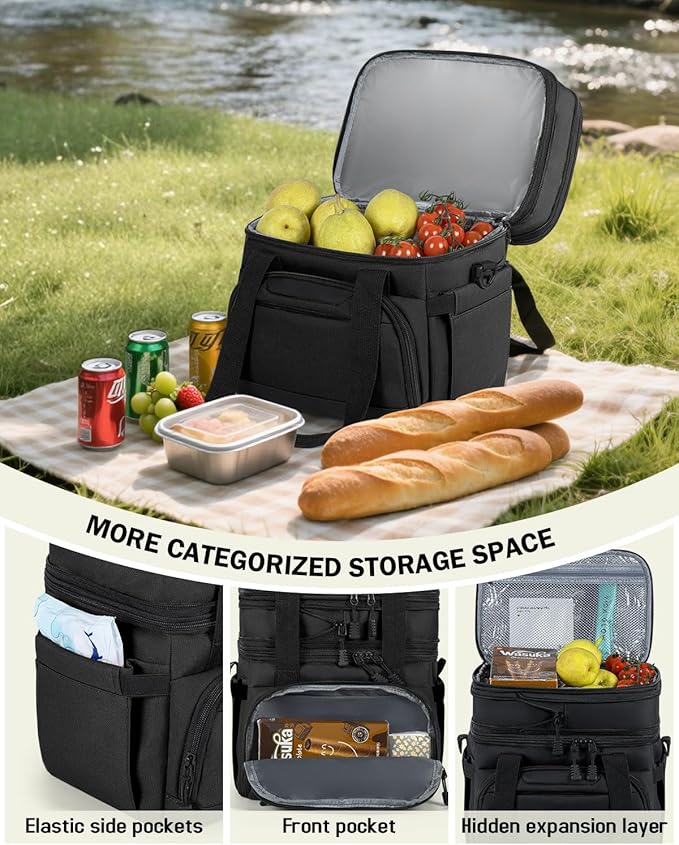 Large Lunch Box for Men Work - 24 Can Expandable Insulated Lunch Bag Double Deck, Heavy Duty Leakproof Cooler Bag with Shoulder Strap for Construction Office Outdoor, Black 14L