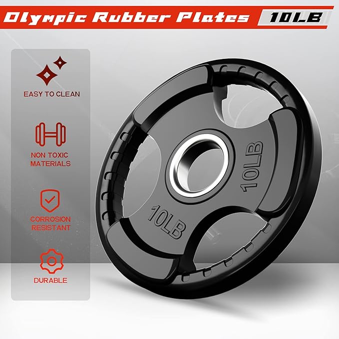 RitFit Weight Plates for Barbell, 2-Inch Olympic Rubber Grip Plates for Weightlifting and Strength Training in Home & Gym, Single, Pair and Sets