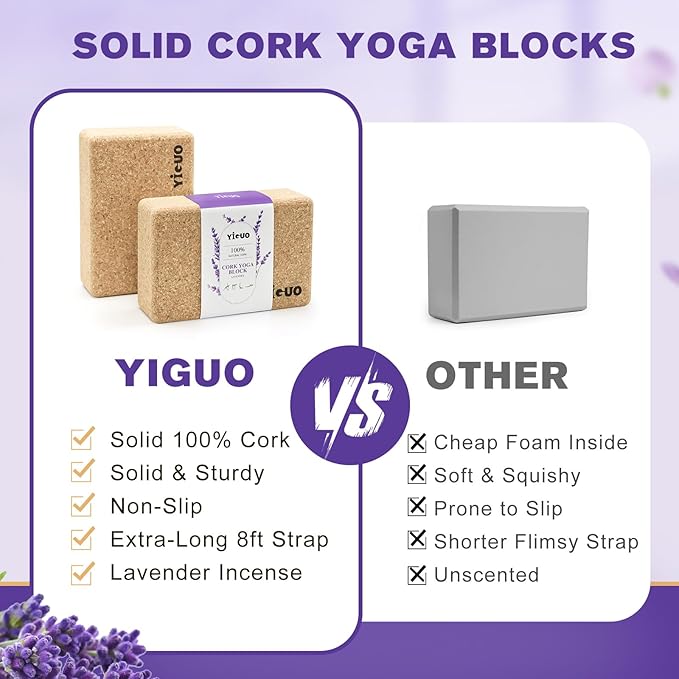 YIGUO 2 Pack Cork Yoga Blocks | Natural Eco-Friendly High Density Non-Slip Yoga Blocks for Women & Men | 9x6x3 Inches for Yoga, Pilates, Stretching
