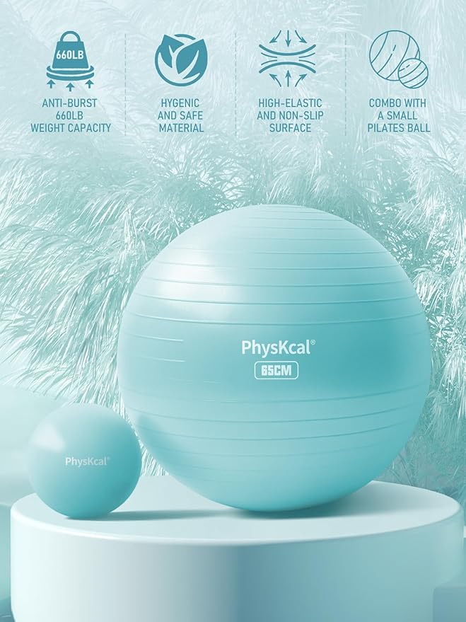 PhysKcal Yoga Ball for Exercise, Pilates Set, 4 Sizes Fitness Ball for Workout, Birthing, Pregnancy, Physical Therapy- Pump Included