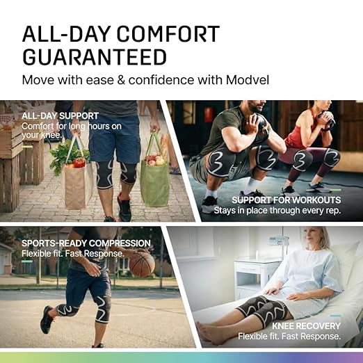 Modvel 2 Pack Knee Brace for Women & Men - Knee Support for Walking, Knee Compression Sleeves for Pain Relief, Knee Sleeves for Women, Knee Sleeves for Men, Knee Brace for Sports, Workouts & Arthritis