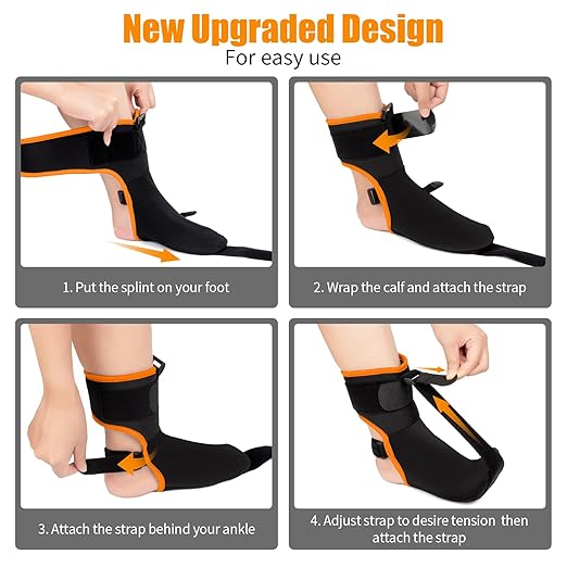 Plantar Fasciitis Night Splint Sock: Upgraded Plantar Fasciitis Brace with Support Plate for Women Men for Achilles Tendonitis Foot Drop Heel Spur Pain Relief Black-Orange Small