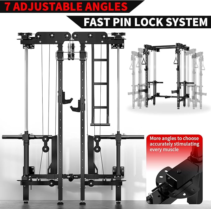 JEEKEE Folding Wall Mounted Power Rack with 180LB Weight Stack, 2400LB 2×3 Heavy Duty Squat Rack, Dual Cable Crossover System 1:1 Ratio, Functional Trainer for Home Gym Small Space,Black