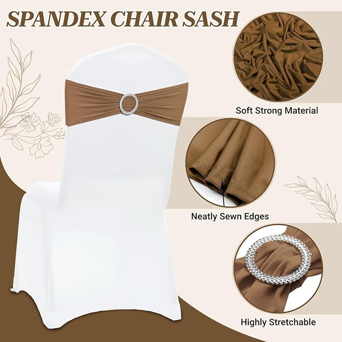 VDS - Mocha | Spandex Chair Sashes Bows | 100 PCS | Stretch Elastic Banquet Universal Folding Chair Band Tie with Silver Buckle Slider for Wedding Party Conference Celebration Event Decoration