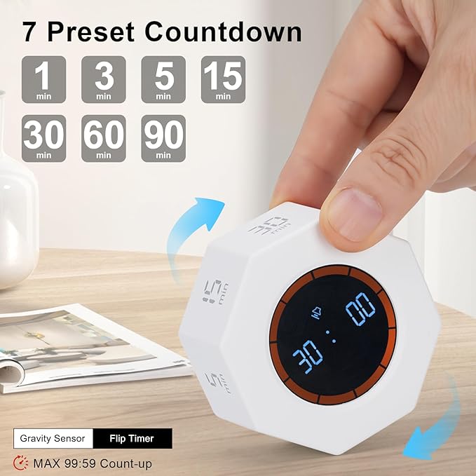 Small Rechargeable Pomodoro Timer, Gravity Sensor Auto-Rotating 7 Preset Times (1/3/5/15/30/60/90 min) & Count Up Mode, Digital Kitchen Timers for Cooking, Work and Study (Pearl White)