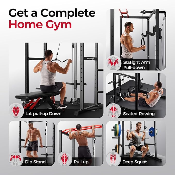 Sportsroyals Squat Rack, LAT Power Cage, Power Rack Multi-Function with Pulley System and Training Attachments for Home Gym
