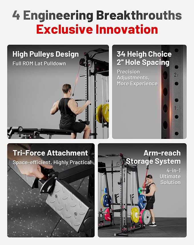 Mikolo M4 2.0 Smith Machine, 2200lbs Squat Rack with LAT-Pull Down System & Cable Crossover Machine, Training Equipment with Leg Hold-Down Attachment
