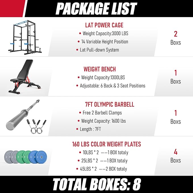 Sportsroyals Squat Rack, LAT Power Cage, Power Rack Multi-Function with Pulley System and Training Attachments for Home Gym