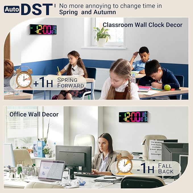 16.5" Large Digital Wall Clock: 11 RGB Color LED Display with Remote Control, Auto DST, Temperature & Date, Big Number Wall Clock for Seniors, Classroom, Office, Gym, Home Decor Gray