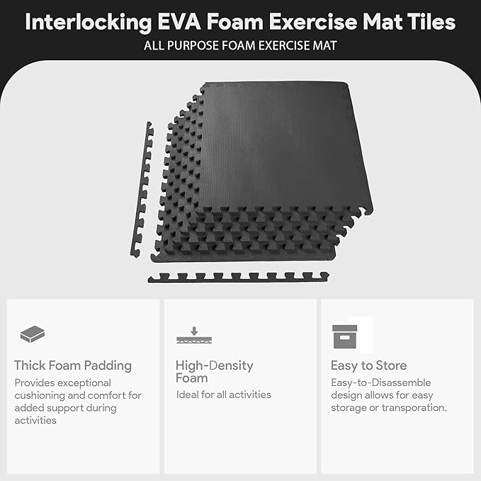 BalanceFrom Puzzle Exercise Mat 1/2' Thick, EVA Interlocking Foam Floor Tiles for Home Gym, Mat for Home Workout Equipment, Floor Padding for Kids, Black, 24 in x 24 in x 1/2 in, 24 Sq Ft - 6 Tiles