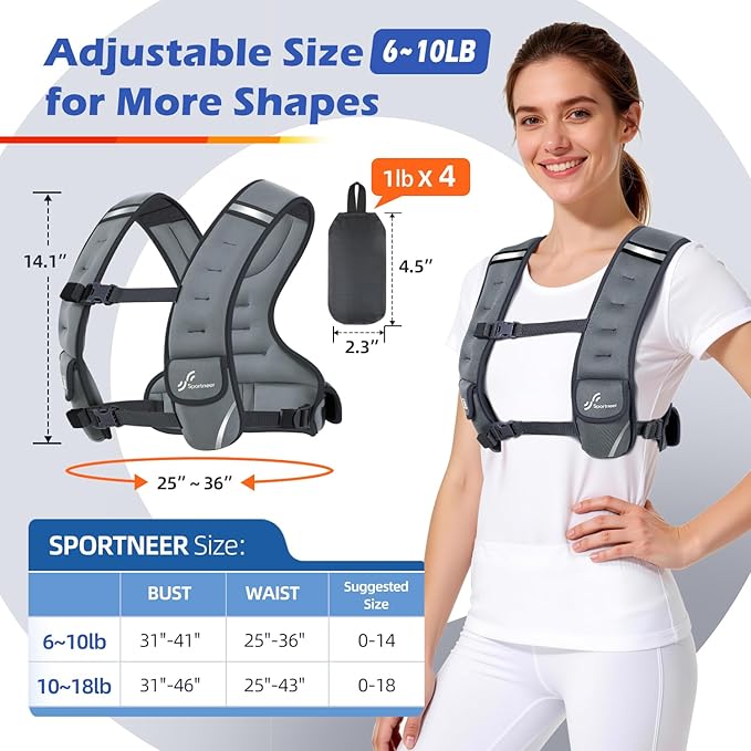 Sportneer Adjustable Weighted Vest Woman: 6-10lb/10-18lb Weighted Walking Vest for Women with 4/8 Weight Packs Fast Adjust Comfortable Weight Vest for Home Gym Burn Calories Strength Training Vests