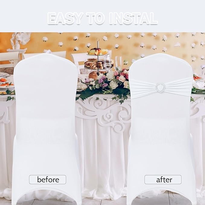 Howhic Pack of 30 Spandex Chair Sashes Bows Stretch Chair Cover Band with Buckle Slider Universal Elastic Chair Ties for Wedding Banquet Party Event Decoration (White)