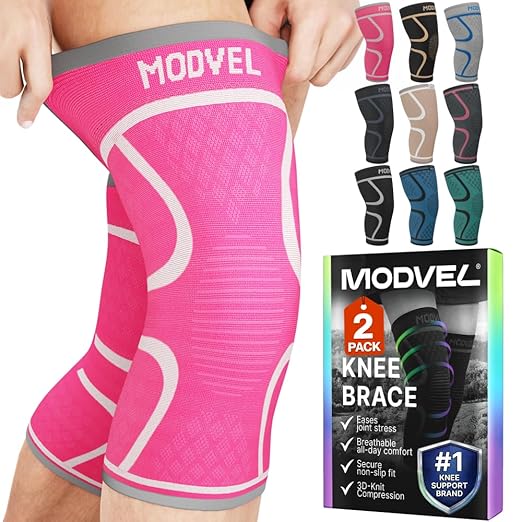 Modvel 2 Pack Knee Brace for Women & Men - Knee Support for Walking, Knee Compression Sleeves for Pain Relief, Knee Sleeves for Women, Knee Sleeves for Men, Knee Brace for Sports, Workouts & Arthritis