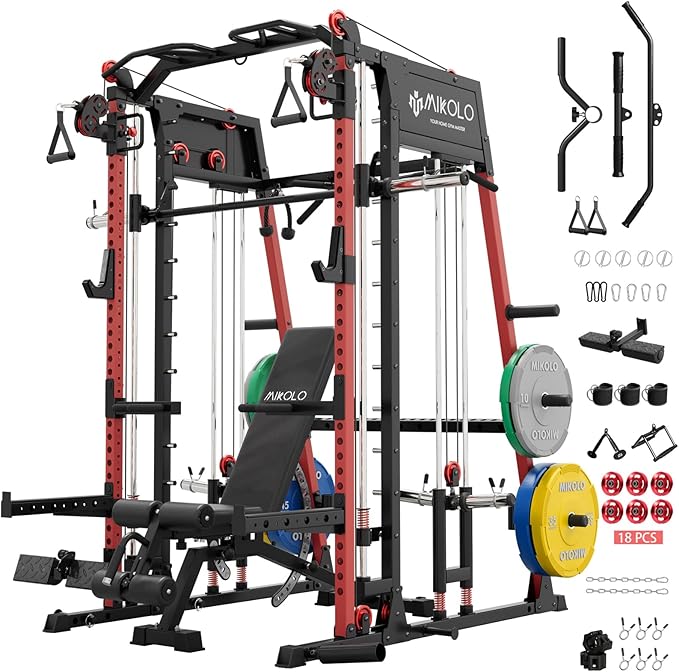 Mikolo M4 2.0 Smith Machine, 2200lbs Squat Rack with LAT-Pull Down System & Cable Crossover Machine, Training Equipment with Leg Hold-Down Attachment