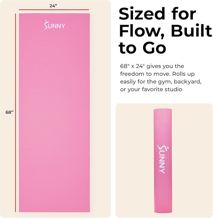 Sunny Health & Fitness Non-Slip Yoga Mat – Durable, Anti-Tear, Lightweight, Cushioned Support for Yoga, Pilates, Stretching Exercises, Meditation and Floor Workouts | Multiple Sizes & Colors