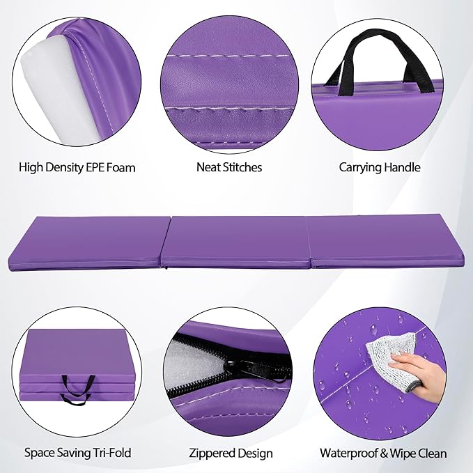 ZENY 2’’ Thick Tri-fold Folding Gym Exercise Mat Extra Thick Gymnastics Mat Tumbling Mat with Carrying Handles for Home Workout, Core Workouts, Stretching, MMA, Yoga
