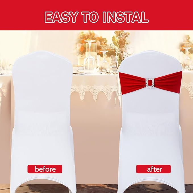 Joccun 120 PCS Spandex Chair Sashes Bows Stretch Chair Cover Band with Buckle Slider Universal Elastic Chair Ties for Wedding Banquet Party Event Decoration (Ruby)