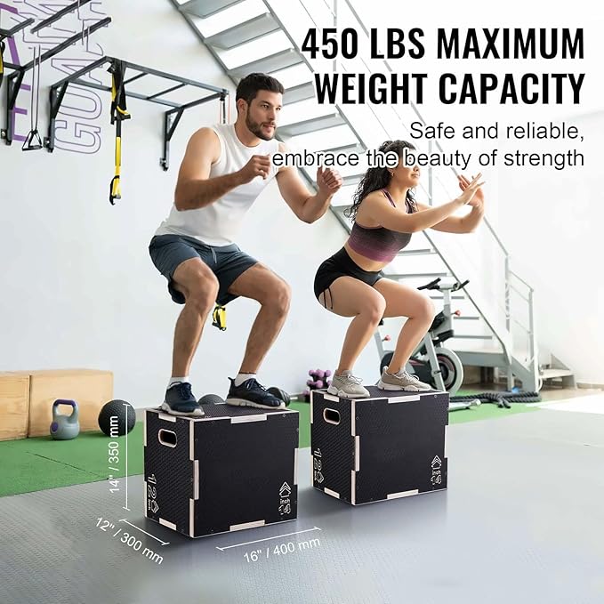 Plyometric Jump Box, 3-in-1 16/14/12 Inch Wooden Plyo Box, Adjustable Fitness Step Platform for Gym Training, Strength & Agility, Black