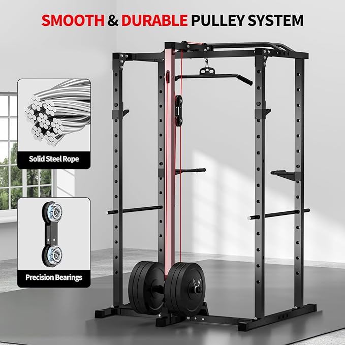 JEEKEE Power Rack with LAT Pulldown, 2000LBS Power Cage with Cable System, Multi-Function Squat Rack with J-Hooks, Safety Bars, Landmine, Pull Up Bar & Attachments for Home Gym Strength Training,Black