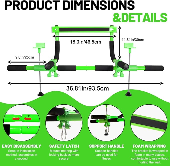 Doorway Swing for Kids & Door Pull Up Bar for Adults, Indoor Kid Swing with 4 Accessories, Multi-Function Doorway Gym, Fits Door Frame 24.41-30.51'' W x 3.94-6.69'' Thickness (Green)
