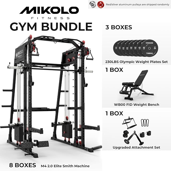 Mikolo M4 2.0 Smith Machine, 2200lbs Squat Rack with LAT-Pull Down System & Cable Crossover Machine, Training Equipment with Leg Hold-Down Attachment
