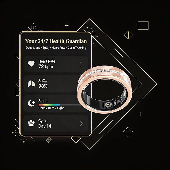 Diamond Smart Ring for Women, Fitness & Vital Signs Monitoring, Sleep Tracker, Remote Photography, No Subscription, Ladies Gift, iOS & Android(Gold,8#)
