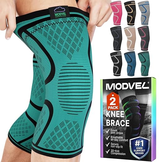 Modvel 2 Pack Knee Brace for Women & Men - Knee Support for Walking, Knee Compression Sleeves for Pain Relief, Knee Sleeves for Women, Knee Sleeves for Men, Knee Brace for Sports, Workouts & Arthritis