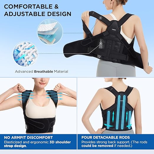 Vicorrect Posture Corrector for Women and Men: Back Support Brace Relieve Upper Back Shoulders Pain (Black, Large)