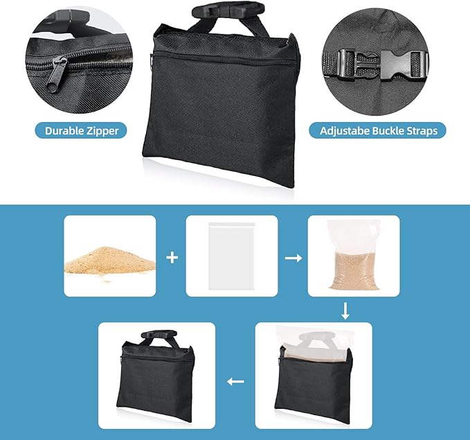 12 Packs Sandbags with 12 PE Bags, Heavy Duty Sand Bags, Sand Bags for Weight with Zipper and Buckle Straps for Support Light Stand, More 2/4/6/8/10/12 Packs Sand Bag to Choose.