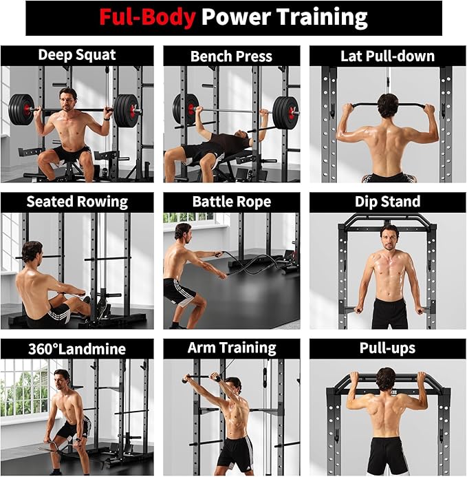 JEEKEE Power Rack with LAT Pulldown, 2000LBS Power Cage with Cable System, Multi-Function Squat Rack with J-Hooks, Safety Bars, Landmine, Pull Up Bar & Attachments for Home Gym Strength Training,Black