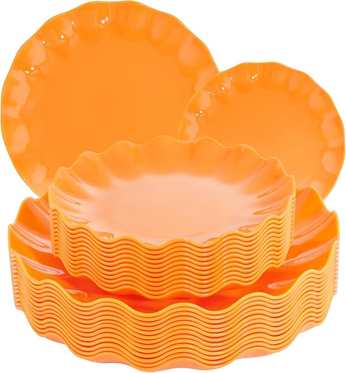 LIYH 24 Pcs Orange Plastic Plates Reusable Orange Plates Scalloped Plastic Plate for Holiday Party Dishwasher Safe Sturdy Reusable (12 Guests) Suitable for Holiday Gatherings