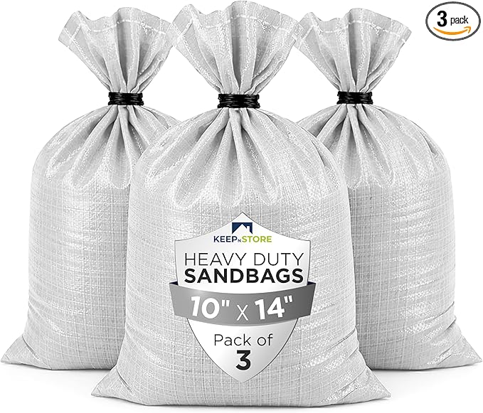 Heavy Duty Sand Bags Pack of 3, White Empty Sandbags with Built-In Ties, Woven Polypropylene UV Protection 1600 Hours, Fillable Sand Bags for Flood Control, Weight, 10x14 inches, 15 Pounds Volume