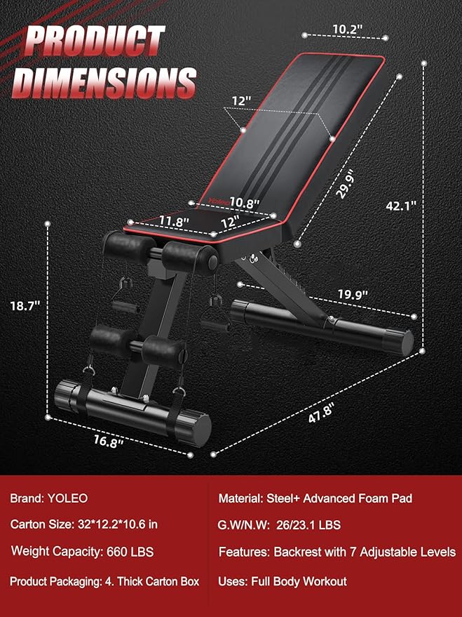 Yoleo Adjustable Weight Bench - Utility Weight Benches for Full Body Workout, Foldable Flat/Incline/Decline FID Bench Press for Home Gym
