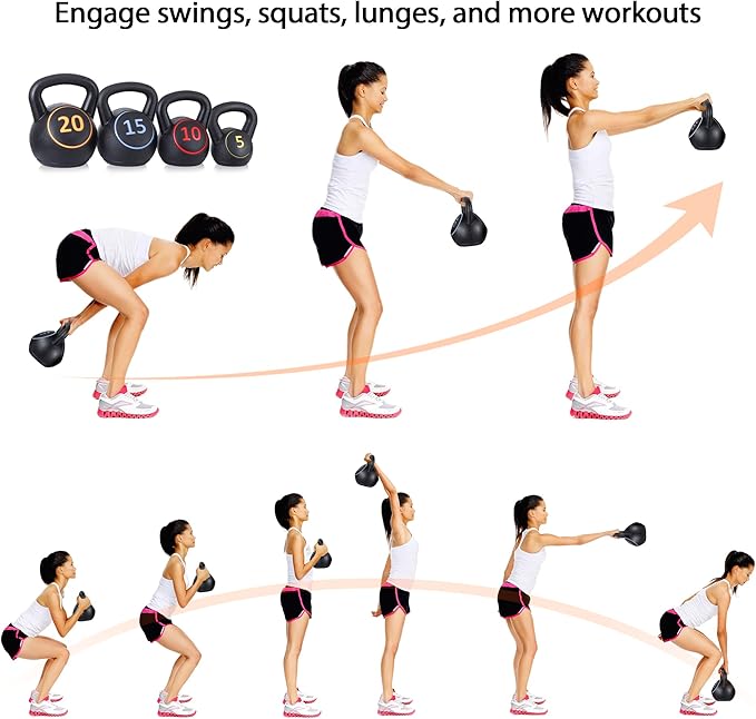 4-Piece Kettlebells Weights Set, Wide Grip Strength Training Soft Kettlebell, Exercise Fitness Concrete Weight, Full Body HIIT Workout, Weights for Women at Home 5 lbs 10 lbs 15 lbs and 20 lbs lb Dumbbells