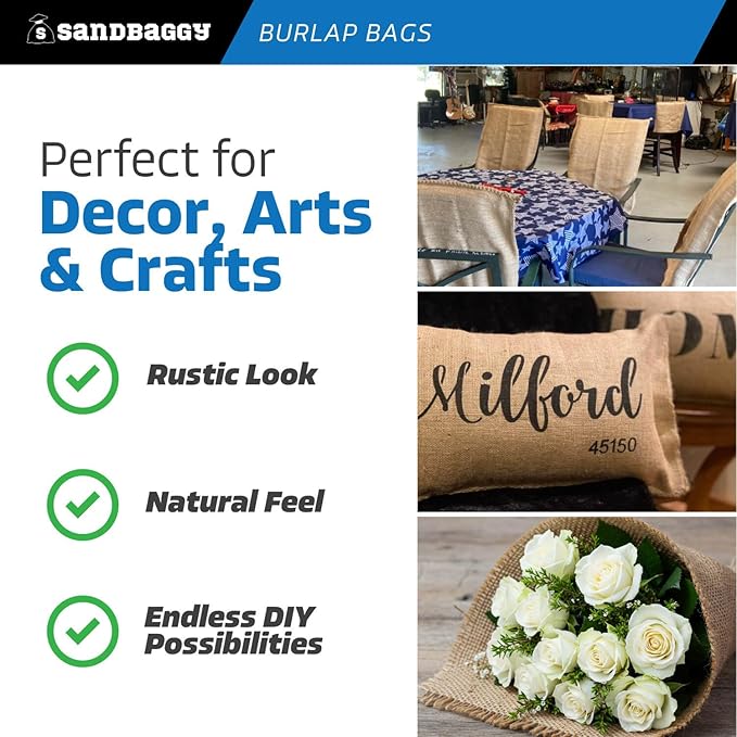 Sandbaggy Burlap Sand Bags - Size: 14" x 26" - 50 lb Weight Capacity - For Flooding, Flood Water Barrier, Tent, Empty (10 Bags)