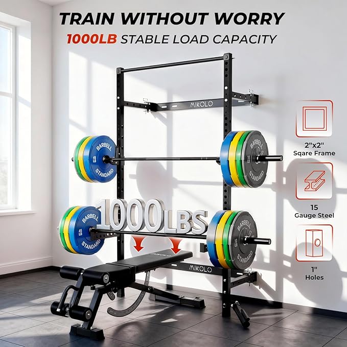 Mikolo 2" x 2" Folding Wall Mounted Squat Rack, 1000 Pounds Capacity Power Rack with Pull Up Bar, J Hooks and Other Attachments, Space-Saving Home Gym