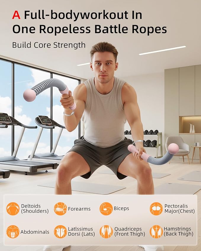 Abahub Weighted Ropeless Battle Rope, Portable Silent Home Workout Equipment, Space Saving Home Gym with Workout Gloves, HIIT and Low-Impact Aerobic Training for Men & Women, 2PCS Pink