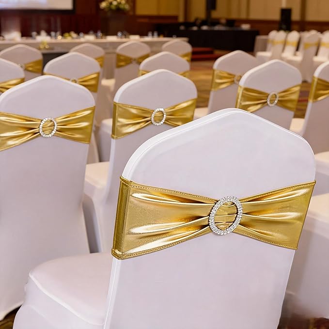 Wedding Spandex Metallic Gold Chair Sashes 100 Pack Chair Bands with Buckle Bronzing Gold Chairs Bows for Party Birthday Bridal Shower Engagement Anniversary Christmas Event Decorations